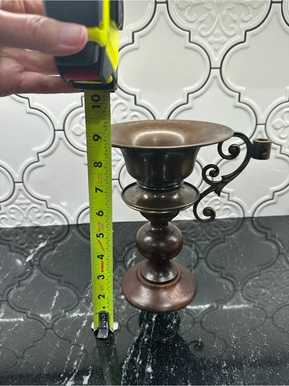 Antique-Style Brass and Wood Candle Holder - Brown
